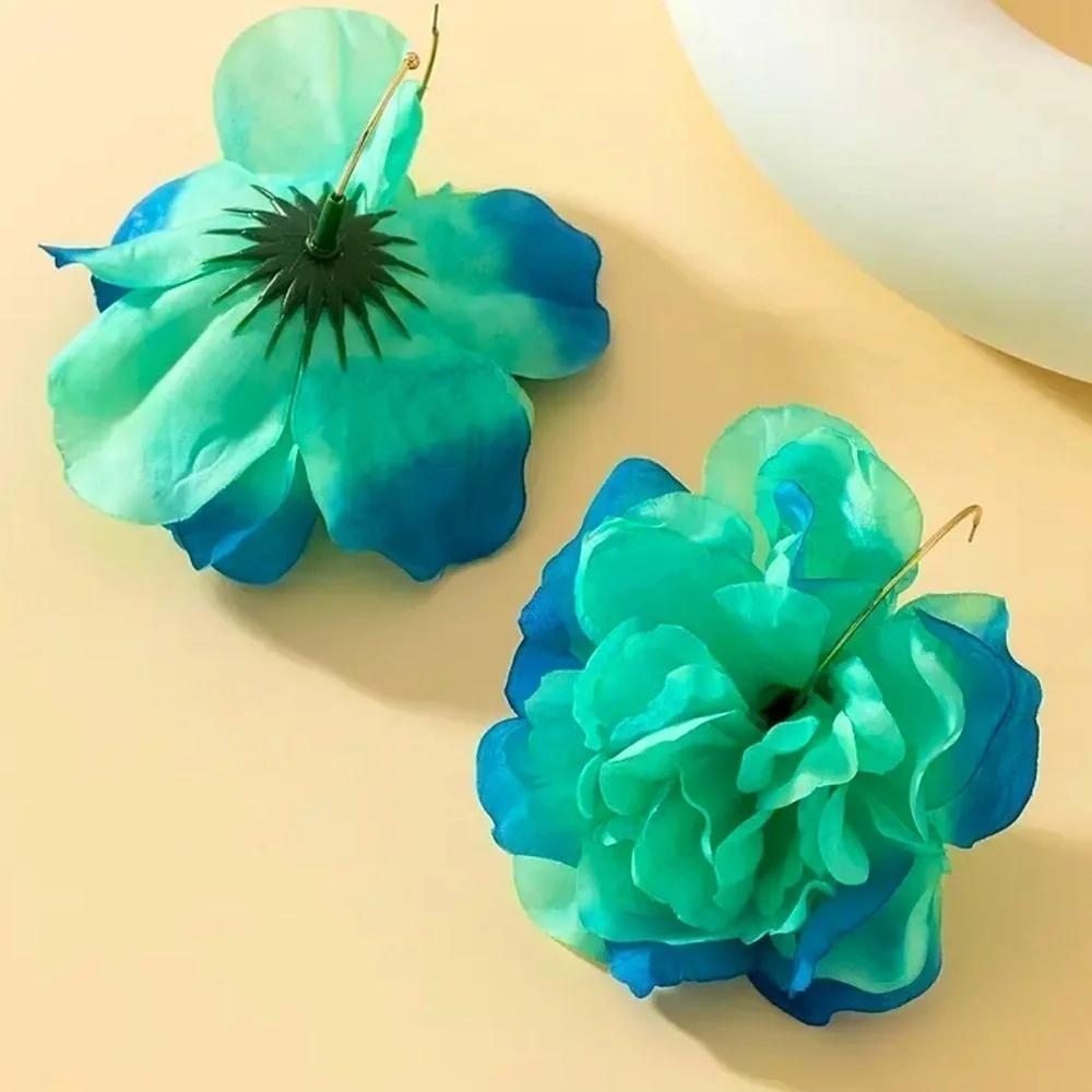Teal and Blue Flower Gold Hoop Earrings